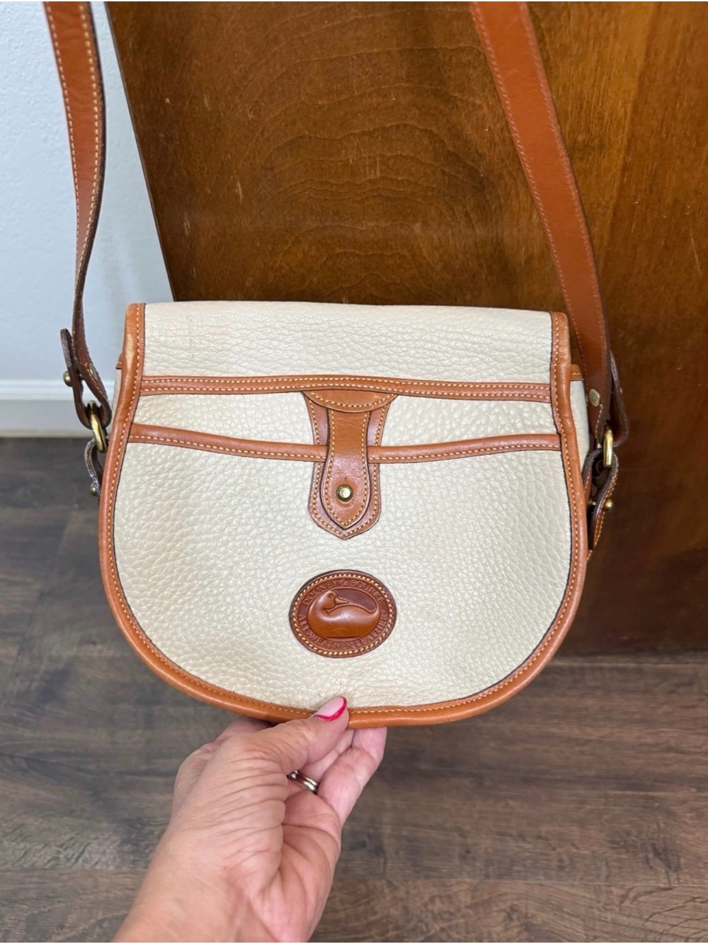 Vintage (90’s) Dooney & Bourke Cream and Tan Leather Trim Saddle Bag